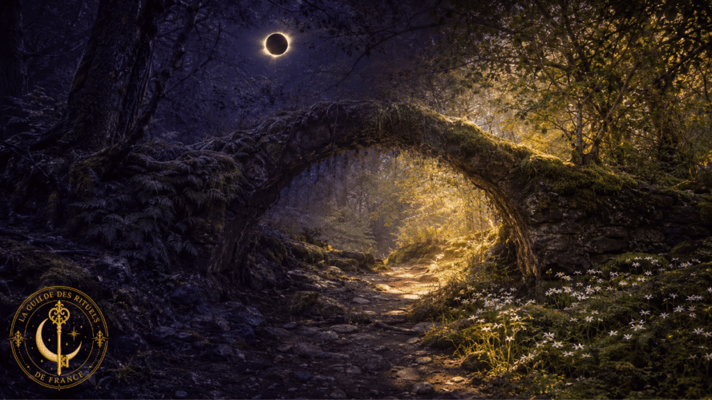 Rituel de l’éclipse solaire 2026 3 Chemin forestier passant de l’ombre de l’éclipse à une lumière dorée