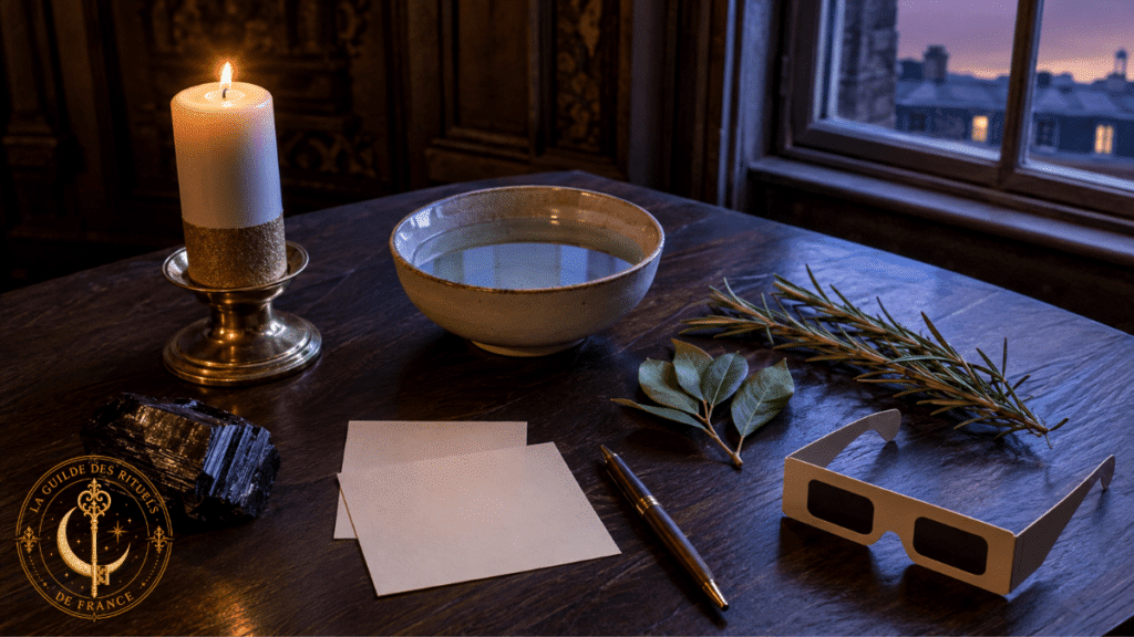 Rituel de l’éclipse solaire 2026 4 Rituel de l’éclipse solaire Bougie, bol d’eau, tourmaline noire et plantes préparés pour le rituel de l’éclipse