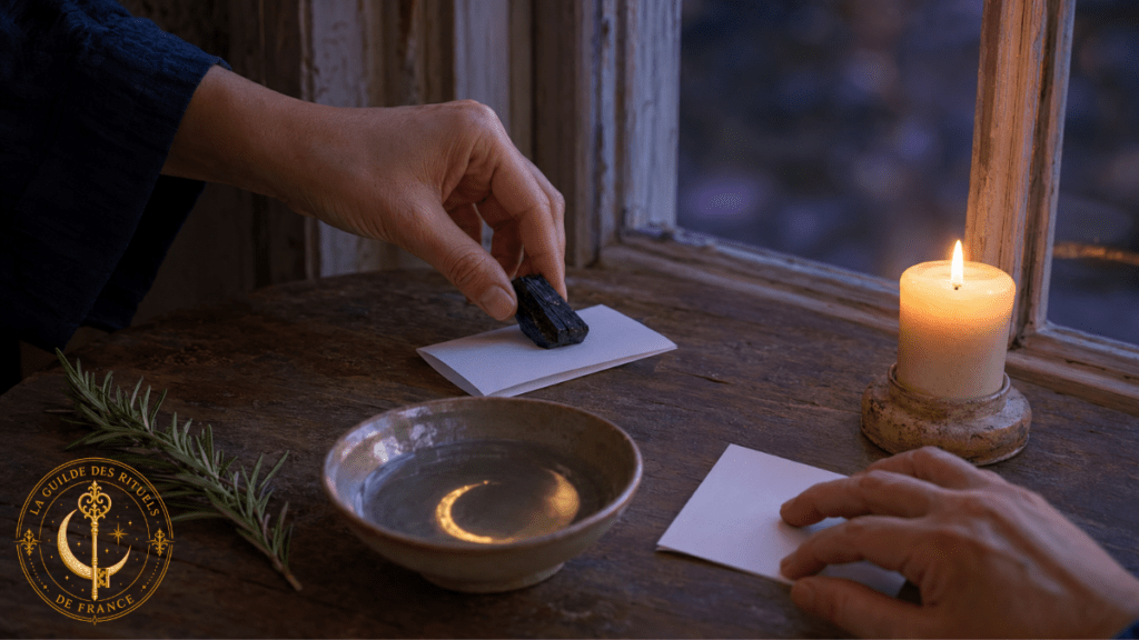 Rituel de l’éclipse solaire 2026 5 Mains déposant une tourmaline noire sur un papier pendant le rituel de l’éclipse