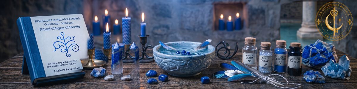 Autel de magie bleue avec bougies bleues, lapis-lazuli et plumes spirituelles.