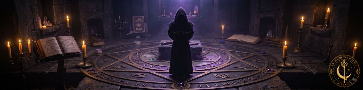 Cercle cérémoniel complexe tracé sur un sol en pierre sombre avec bougies et grimoire dans la pénombre.