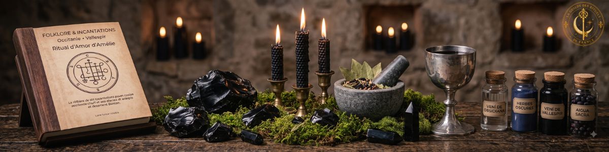 Autel de magie noire avec bougies noires, grimoire ancien et cristaux sombres.