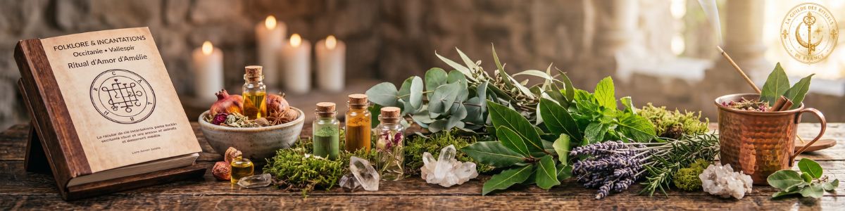 Autel de magie verte avec herbes séchées, plantes et cristaux.