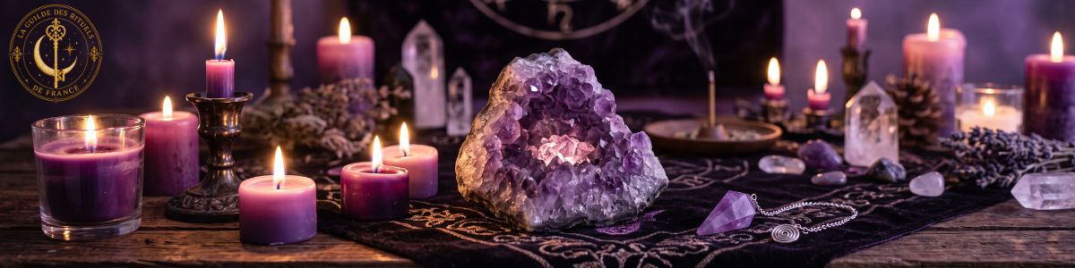 Autel de magie violette avec bougies violettes, améthyste et pendule.