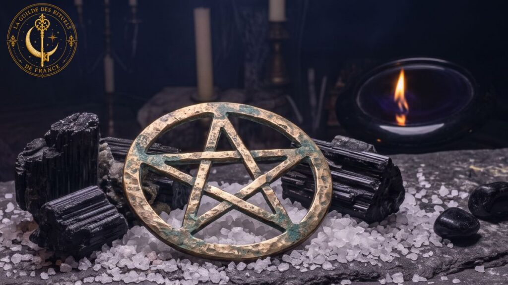 Pentacle de protection en métal sombre entouré d'obsidienne et de tourmaline sur un autel.