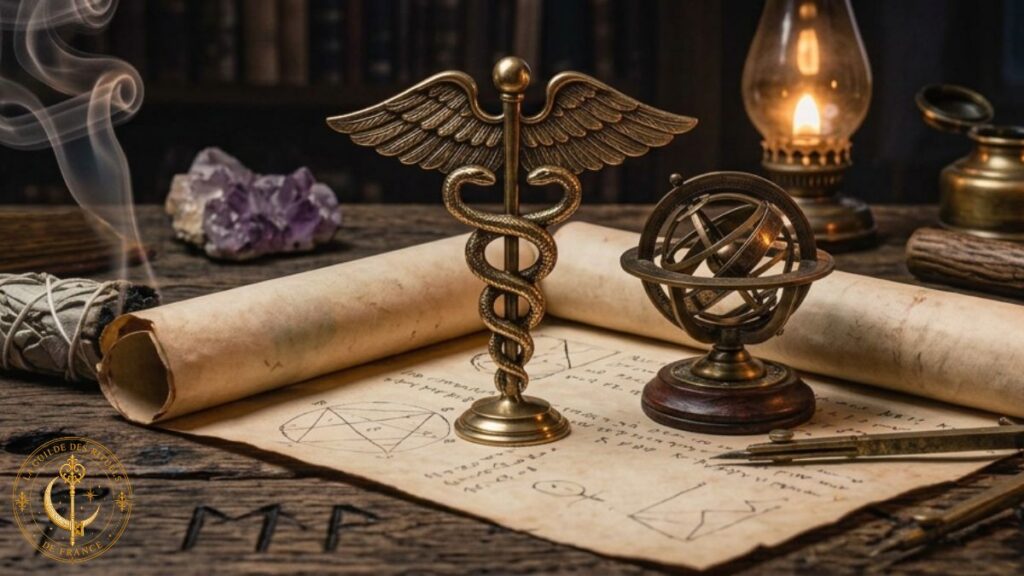 Caducée en laiton, sphère armillaire et parchemin illustrant les lois hermétiques sur une table d'alchimiste.