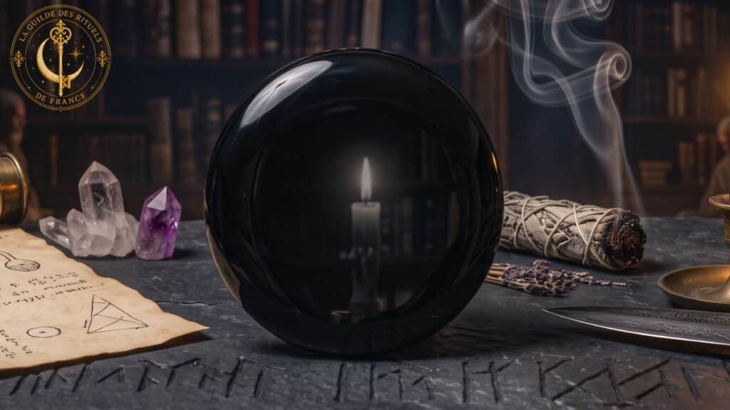 Miroir noir d'obsidienne, dague rituelle et bougie sombre sur une pierre d'autel.