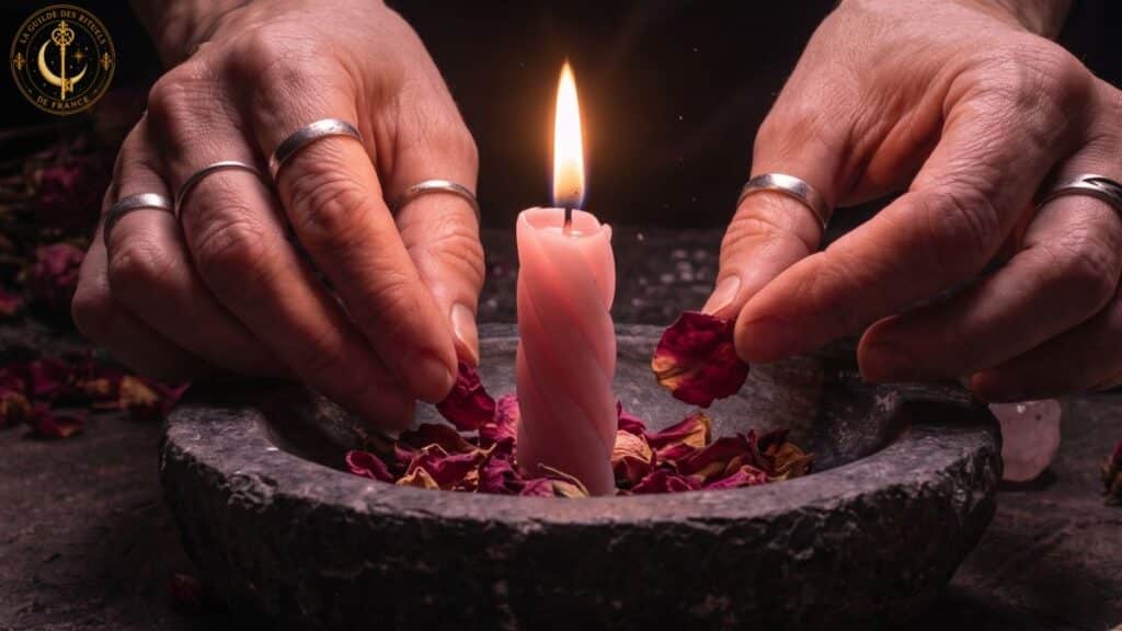 Rituels Amour Mains posant des pétales de rose autour d'une bougie rose allumée sur une table sombre.