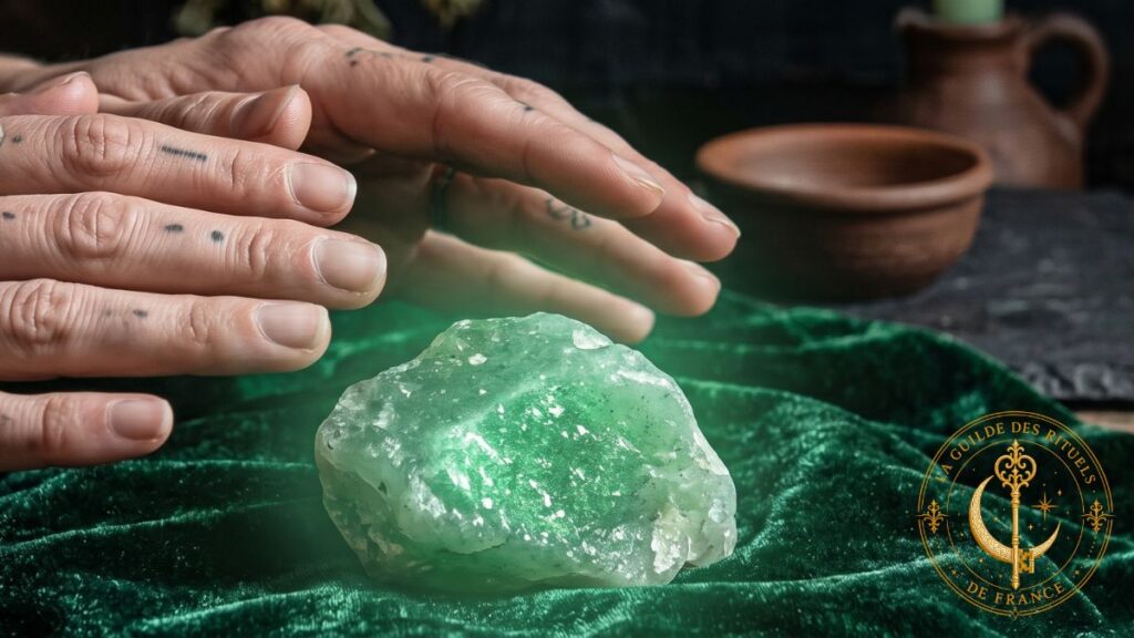 Mains d'un praticien au-dessus d'une pierre d'aventurine verte sur un autel sombre.