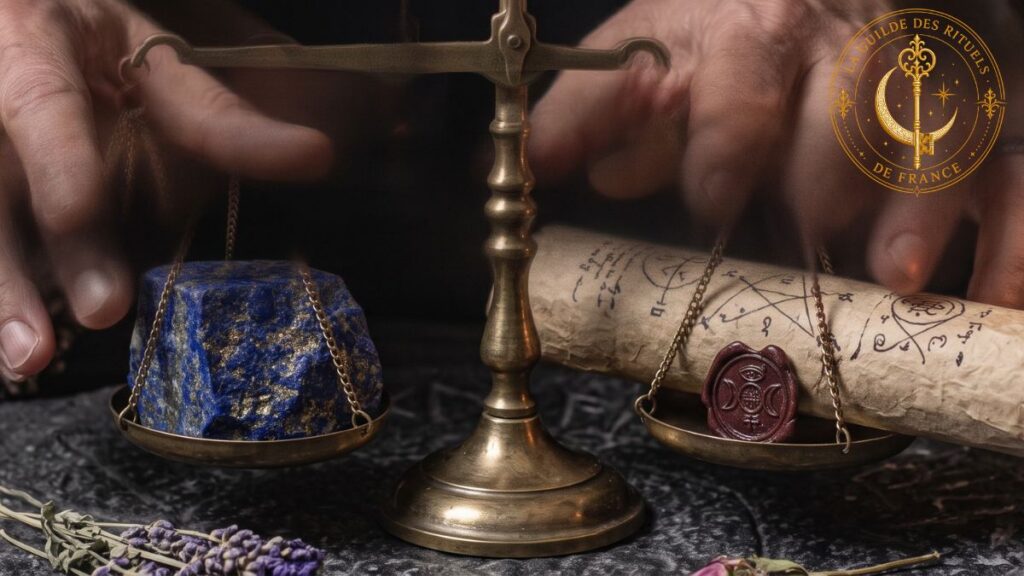 Mains d'un praticien au-dessus d'une balance en laiton et d'une bougie violette sur un autel sombre.