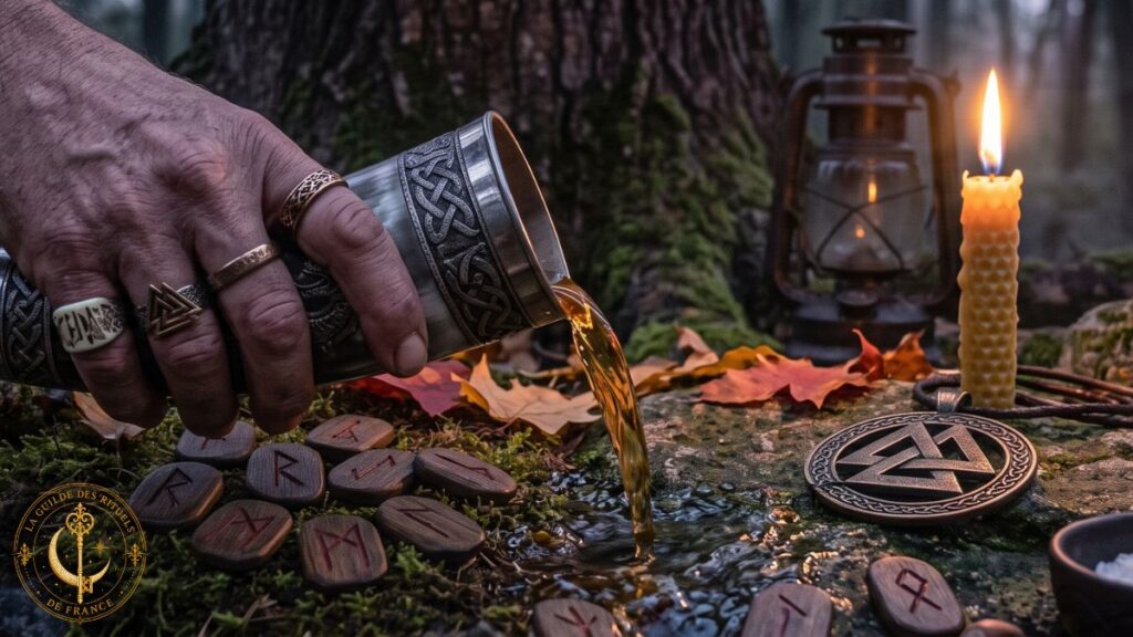Main versant de l'hydromel depuis une corne de libation sur une pierre sacrée en forêt.