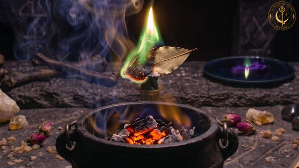 rituel feuille de laurier abondance Feuille de laurier se consumant au-dessus d'un chaudron en fonte dans la pénombre.