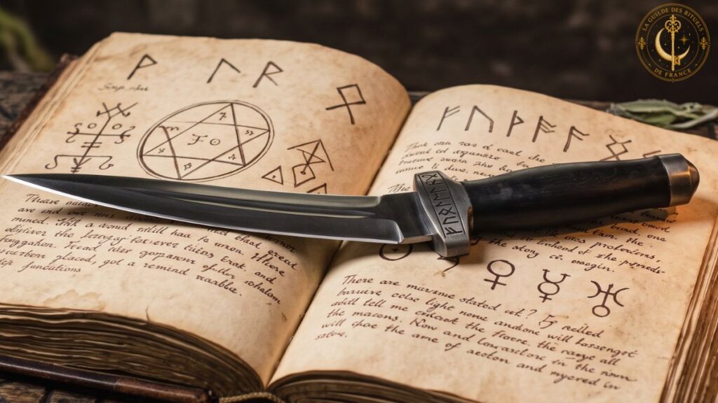 Légendaire Wicca 3 Wicca Livre des ombres ouvert, dague rituelle athamé et bol en bois sur un autel sous la lumière d'une bougie.