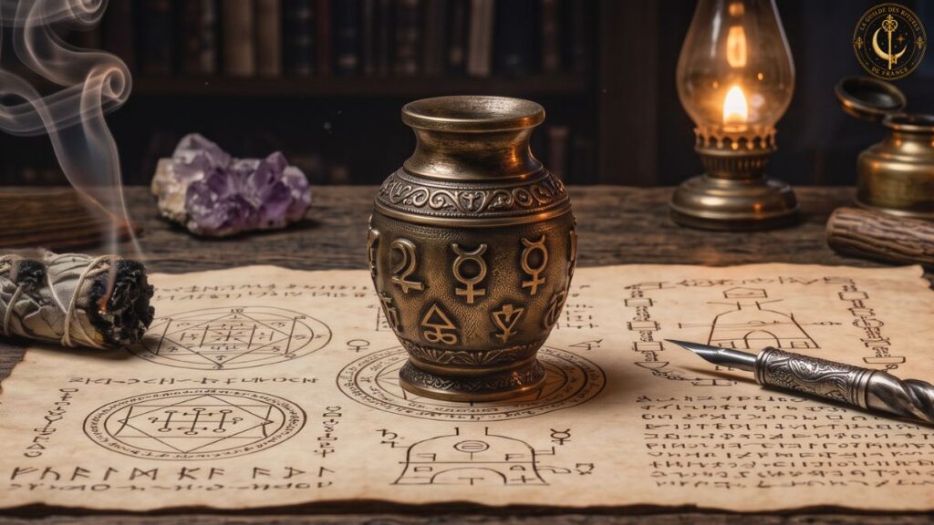 Petit récipient en bronze alchimique, parchemin avec sceau géométrique et bougie sur un autel de travail.
