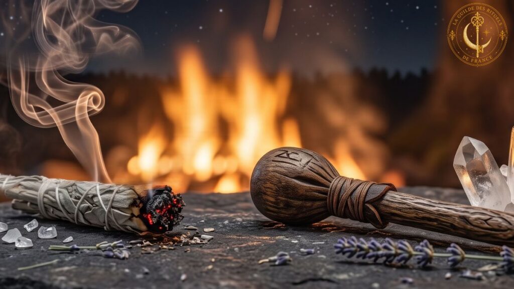 Bâton de sauge fumant, hochet traditionnel en bois sculpté et quartz hyalin sur une pierre d'autel.