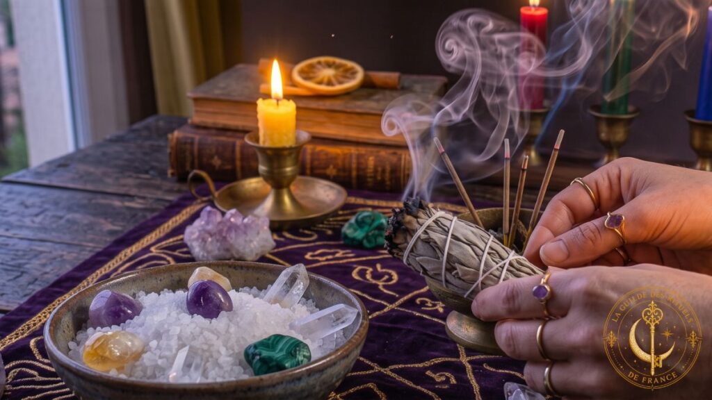 Mains purifiant un autel avec un bâton de sauge fumant avant un rituel.