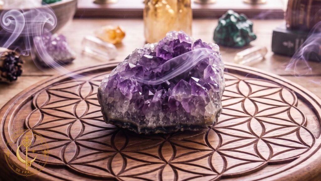 Purification d'une pierre d'améthyste à la fumée de sauge blanche sur une fleur de vie.
