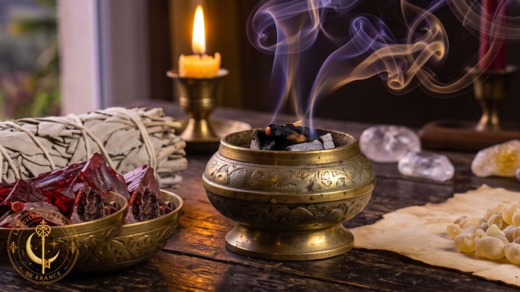 Bougies & Encens Résine d'oliban, sang de dragon et bâton de sauge sur un autel de fumigation.