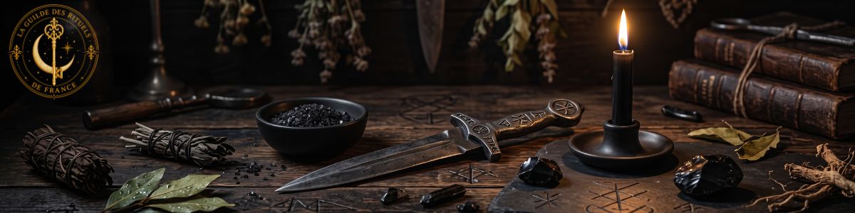 Dague rituelle, sel noir et flamme de bougie noire dans une obscurité profonde.