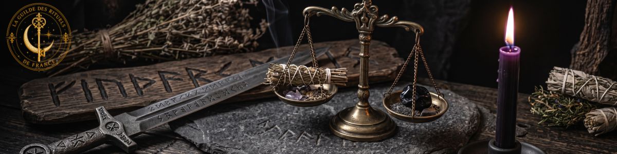 Balance en laiton ancien, épée rituelle et bougie violette dans une pénombre solennelle.