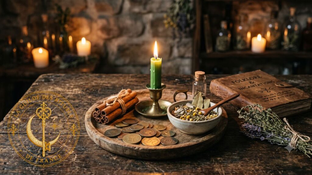 Ingrédients pour rituel de chance en magie blanche avec bougie verte et cannelle sur table en bois.