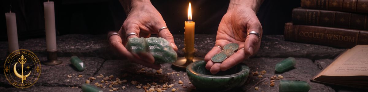 Pièces de monnaie anciennes, aventurine verte et bougie dorée dans la pénombre.
