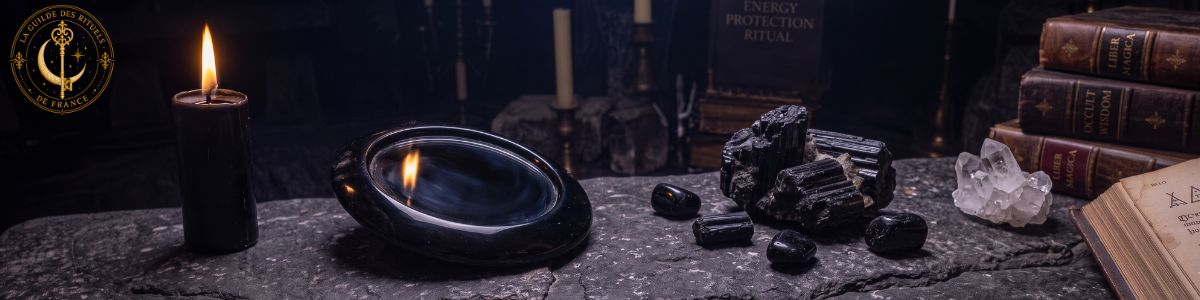 Miroir noir, pierre de tourmaline et bougie sombre sur un autel baigné dans la pénombre.