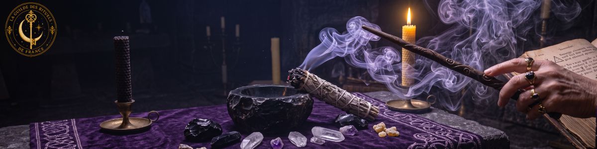 Bâton de sauge séchée et fumigation au-dessus d'un bol en pierre dans la pénombre.