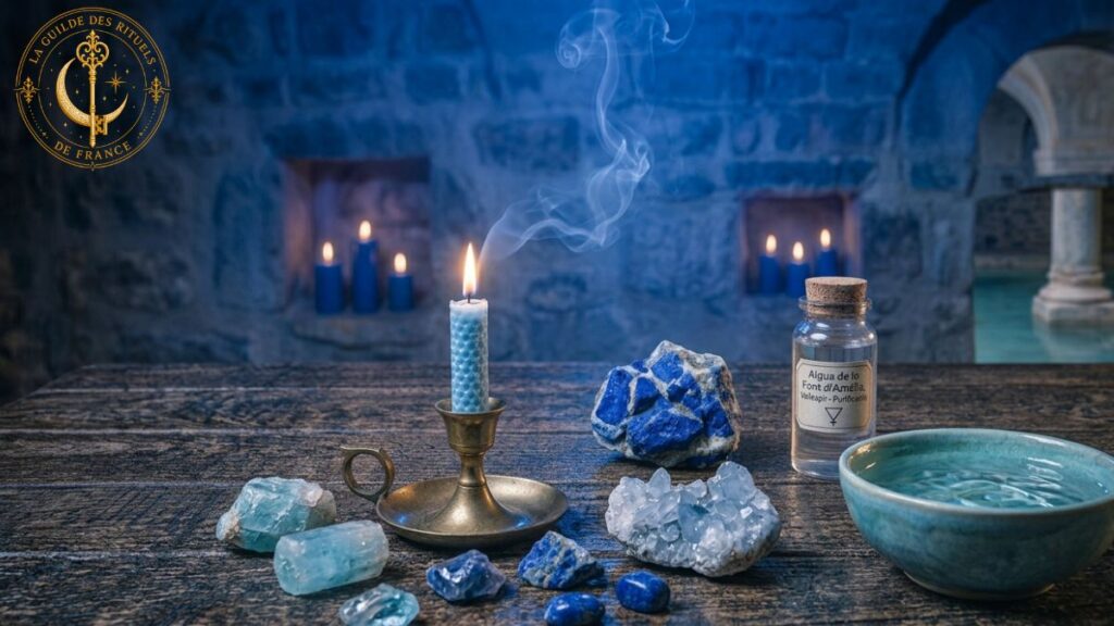 Magie Bleue 2 Cristaux bleus dont lapis-lazuli et aigue-marine disposés avec une bougie bleu clair.