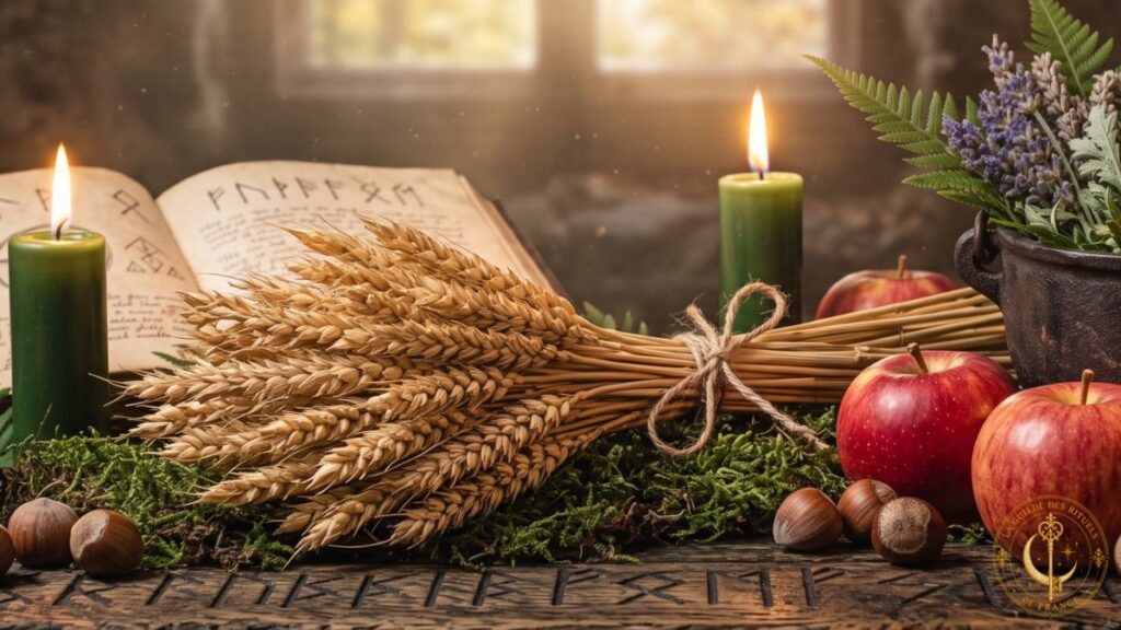 Légendaire Wicca 2 Couronne d'épis de blé, pommes, noisettes et bougies dorées sur un autel en bois sombre.