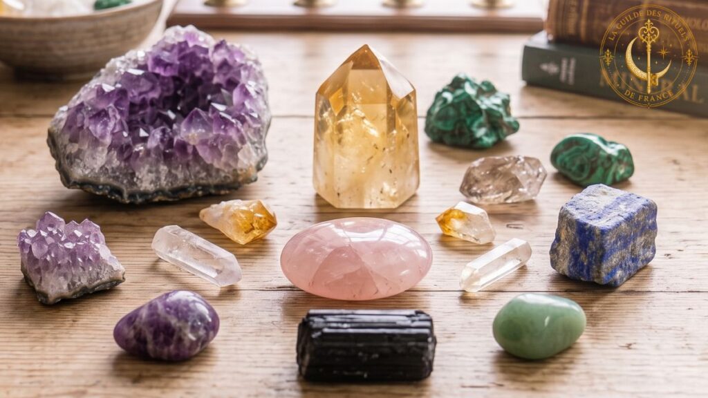 Cristaux d'améthyste, citrine, quartz rose et tourmaline noire sur fond de bois clair.