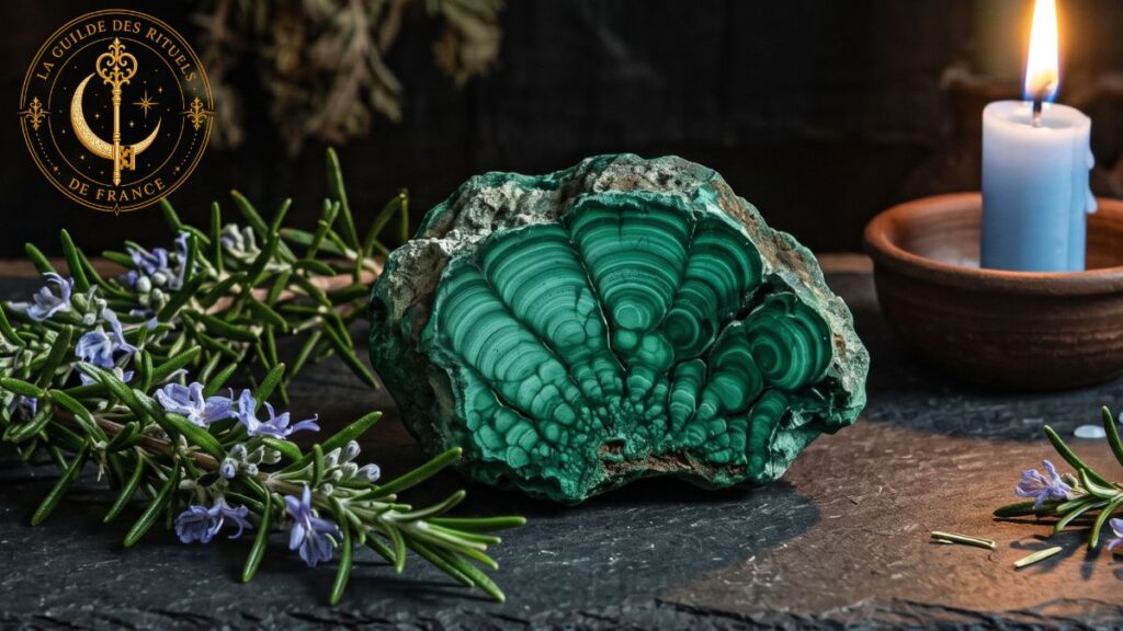 Pierre de malachite brute, brins de romarin frais et bougie bleue allumée sur un autel en pierre sombre.