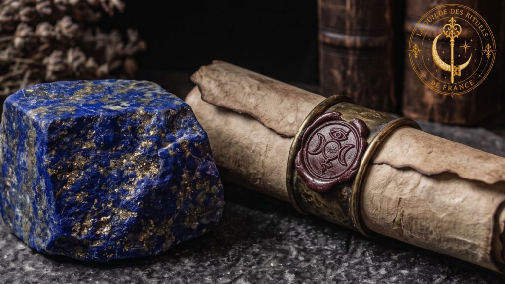Pierre de lapis-lazuli brute, plume et parchemin posés près d'une bougie violette.