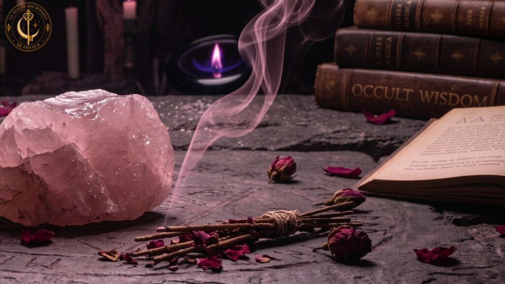 Pétales de rose rouges séchés, morceaux de quartz rose et une bougie rose allumée sur un autel sombre.