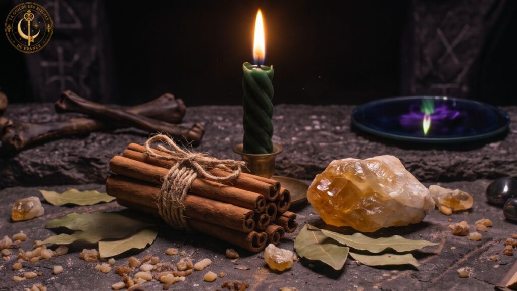 richesses Bâtons de cannelle, feuilles de laurier, citrine et bougie verte allumée sur un autel en bois sombre.