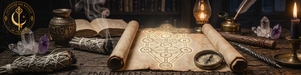 Diagramme de l'Arbre de Vie cabalistiques aux dix Sephiroth illuminées sur parchment antique.