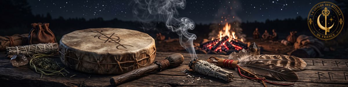 Tambour chamanique en peau, plumes de rapace et de sauge dans la fumée d'un feu de nuit.