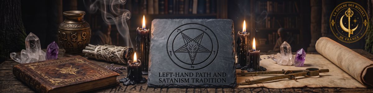 Baphomet gravé en relief, bougies sombres et grimoire ouvert sur une table en bois massif.