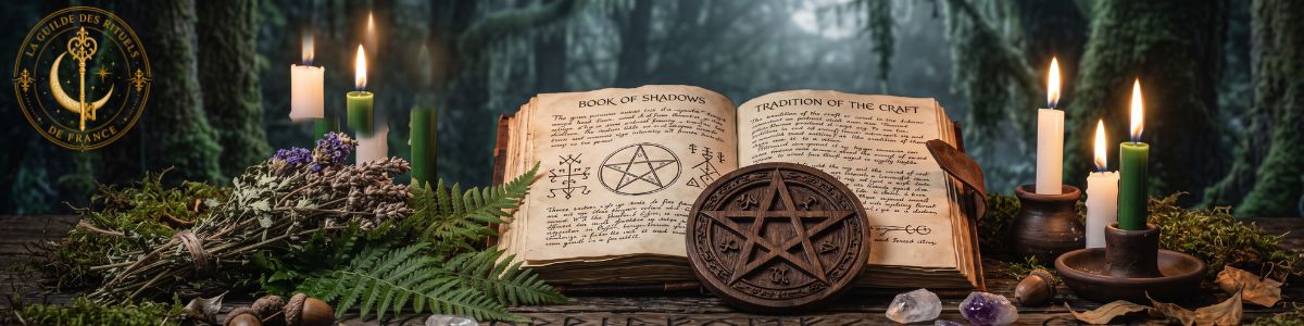 Pentacle en bois gravé, livre de ombres et bougies vertes sur un autel sous la lumière de la Lune.