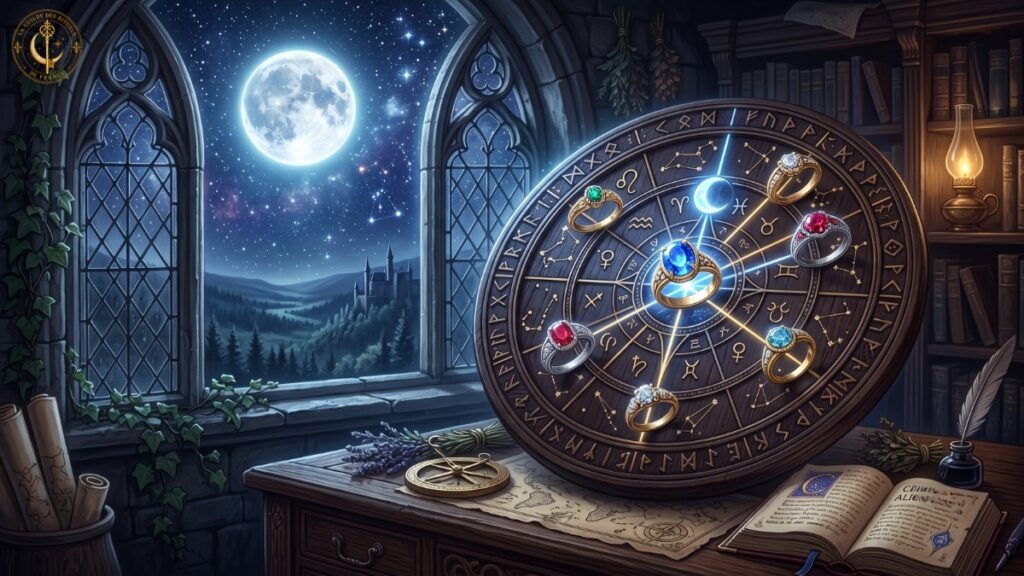 Bagues en or et argent disposées sur une roue astrologique en bois éclairée par la lumière de la Pleine Lune.
