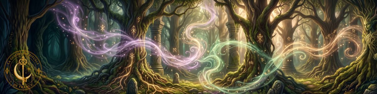 Représentation mystique et lumineuse des énergies subtiles et du souffle invisible du vivant traversant la nature