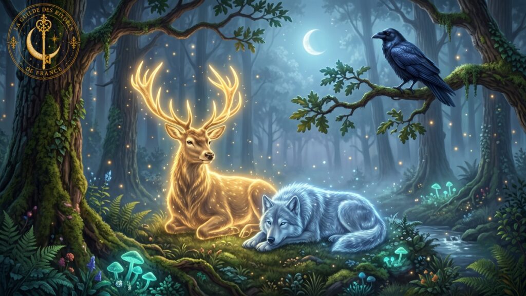 Symbolique des animaux en magie 1 Symbolique des animaux en magie pour explorer le pouvoir des animaux totems et intégrer leur énergie dans une démarche authentique. Un cerf majestueux aux bois lumineux, un loup et un corbeau rassemblés dans une clairière éclairée par la Lune.