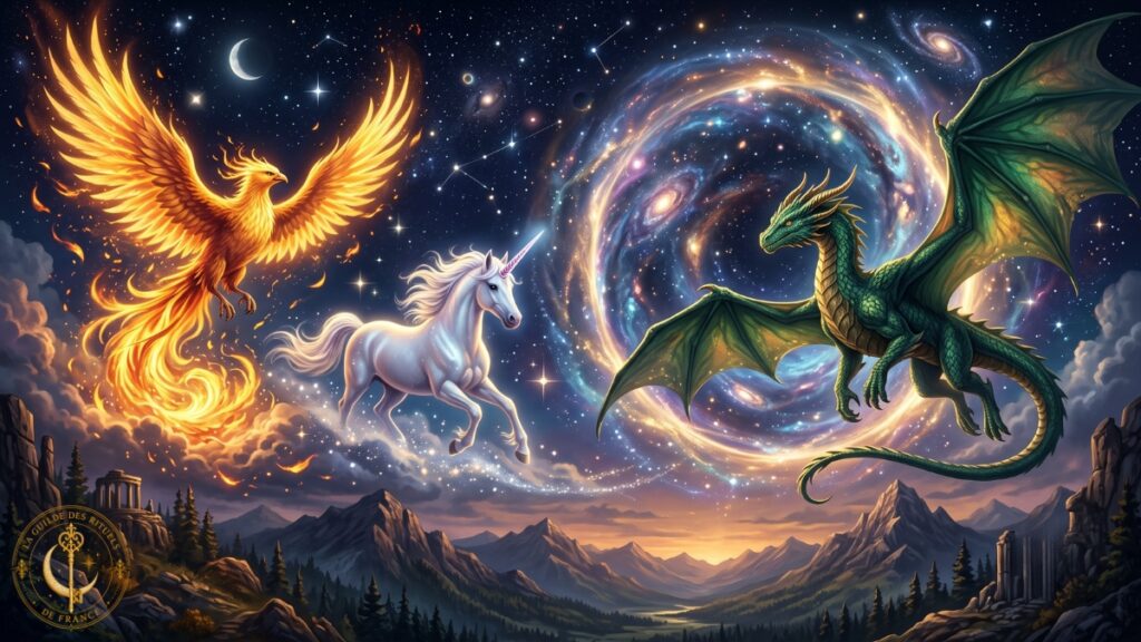 Symbolique des animaux en magie 2 Un Phénix de feu, une Licorne blanche et un Dragon émeraude près d'un portail cosmique étoilé.