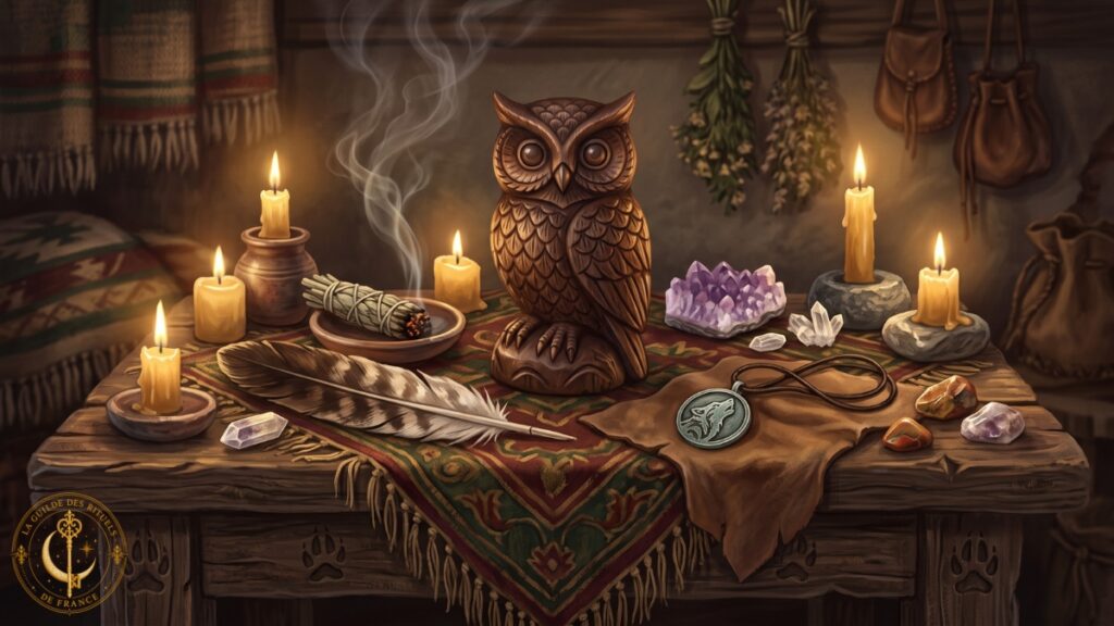 Symbolique des animaux en magie 3 Plume d'aigle, amulette de loup et totem d'hibou disposés sur un autel en bois avec des bougies et de la sauge.