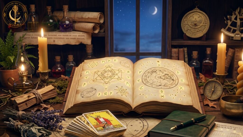 Actualités Bureau ésotérique chaleureux avec tarot doré ouvert, calendrier astrologique, cristal de quartz et bougies au crépuscule.