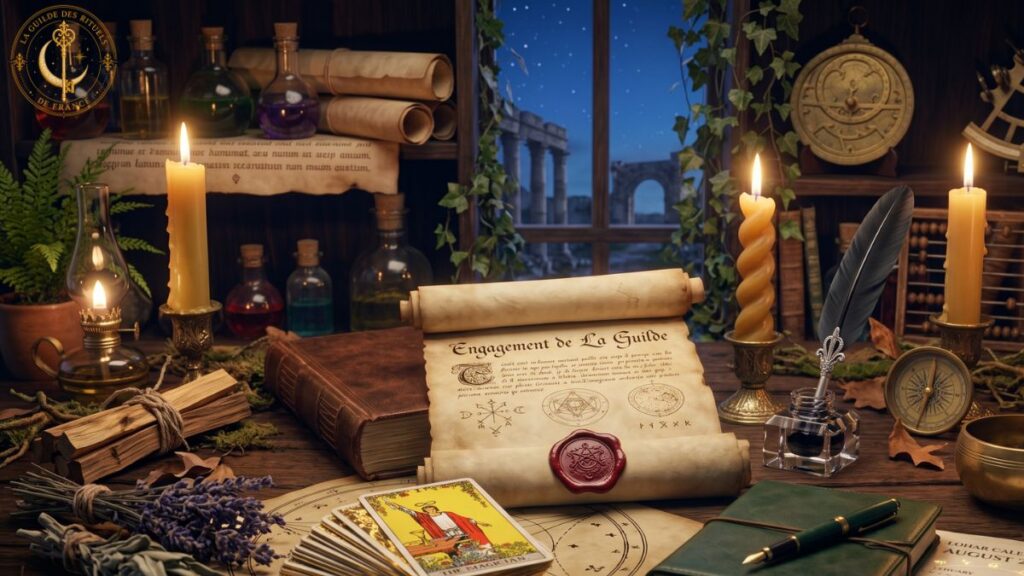 Bureau d'un praticien ésotérique avec parchemin d'engagement, sceau de cire, bougies et objets rituels.