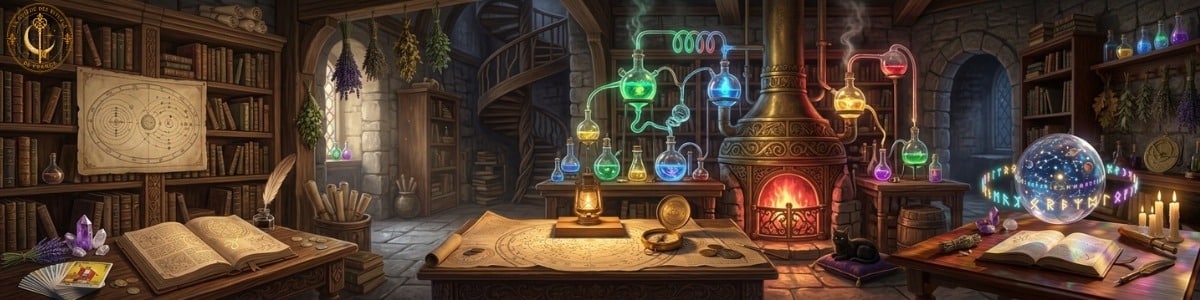 Bannière féerique montrant l'atelier mystique d'un alchimiste éclairé par la lumière d'un athanor et des alambics en verre.