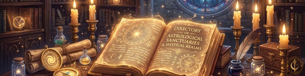 Annuaire des praticiens Grimoire ancien ouvert illuminé par la lueur des bougies et d'un pendule magique sur un bureau en bois.