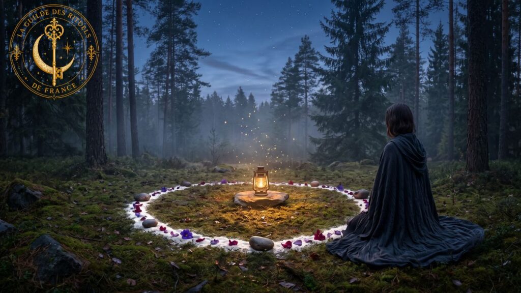 Magies 3 Silhouette d'une praticienne en manteau sombre assise devant un cercle sacré éclairé par une lanterne au cœur d'une forêt brumeuse au crépuscule.