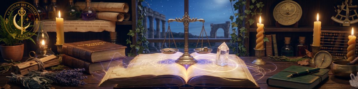 Bannière montrant une balance en laiton, un cristal de quartz et un manuscrit illuminé symbolisant l'éthique et la vérité.